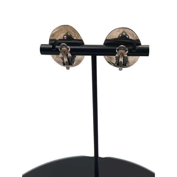 Vintage Navajo Sterling Kingman Pyrite Turquoise Artist Signed GD Clip Earrings - Picture 4 of 10